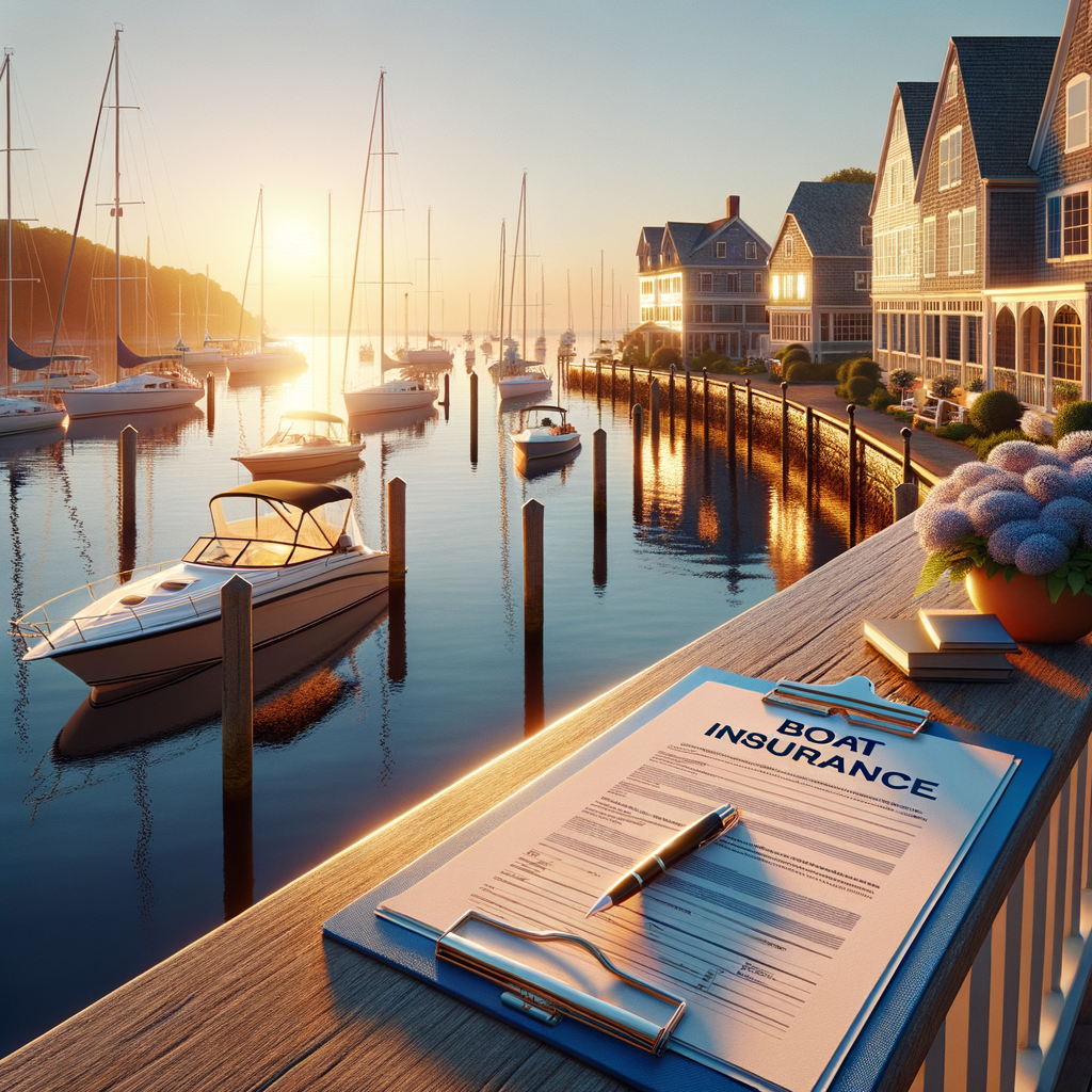 Beautiful New England marina scene with sailboats and motorboats at a coastal Connecticut harbor during golden hour