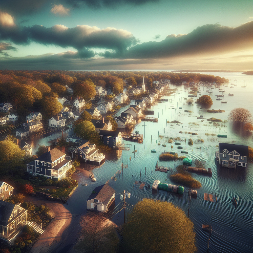 Aerial view of charming New England coastal town showing residential homes along waterfront with flood zone and protective barriers
