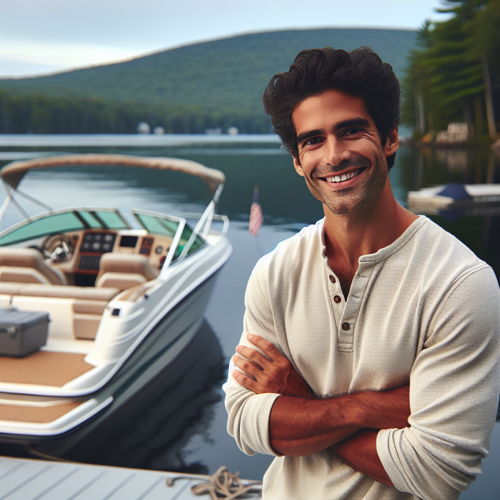Satisfied boat owner on dock next to well-maintained motorboat with scenic lake backdrop