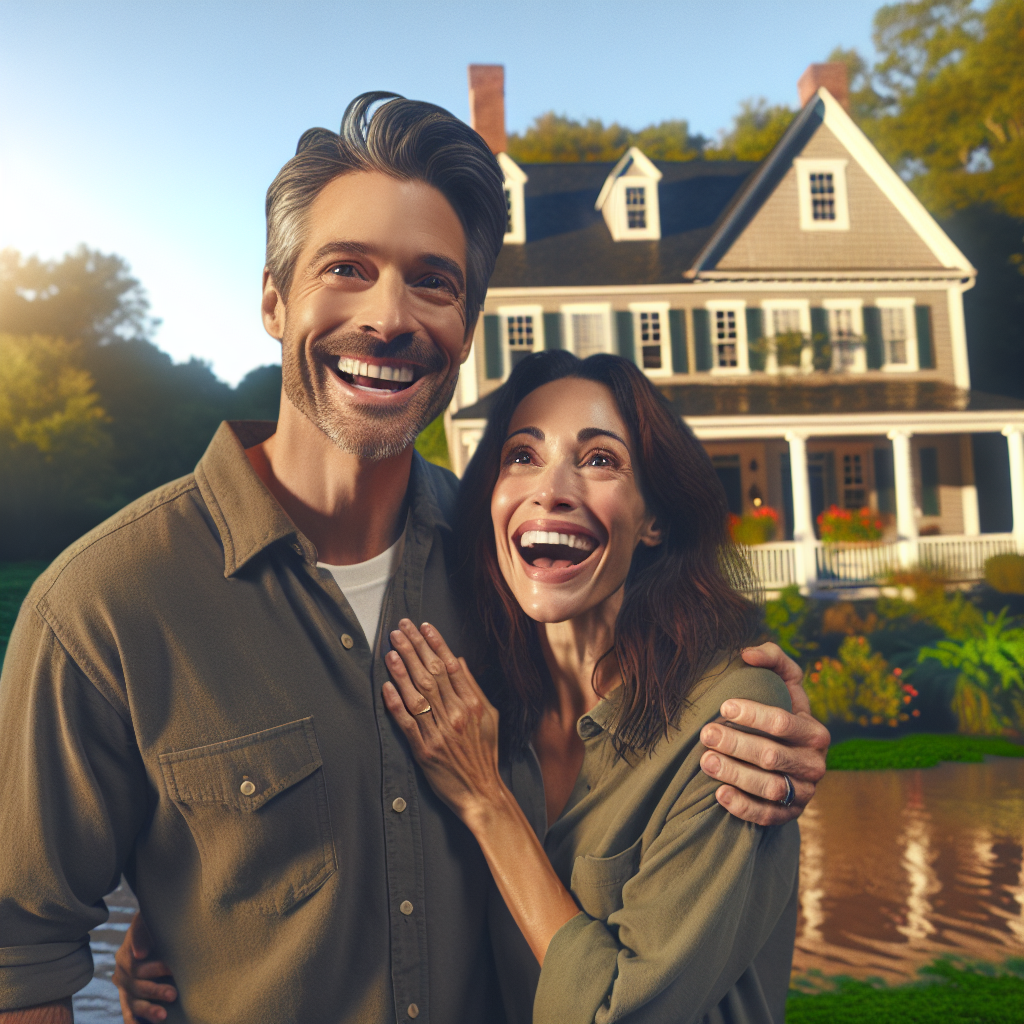Happy homeowners standing before protected home after flood event