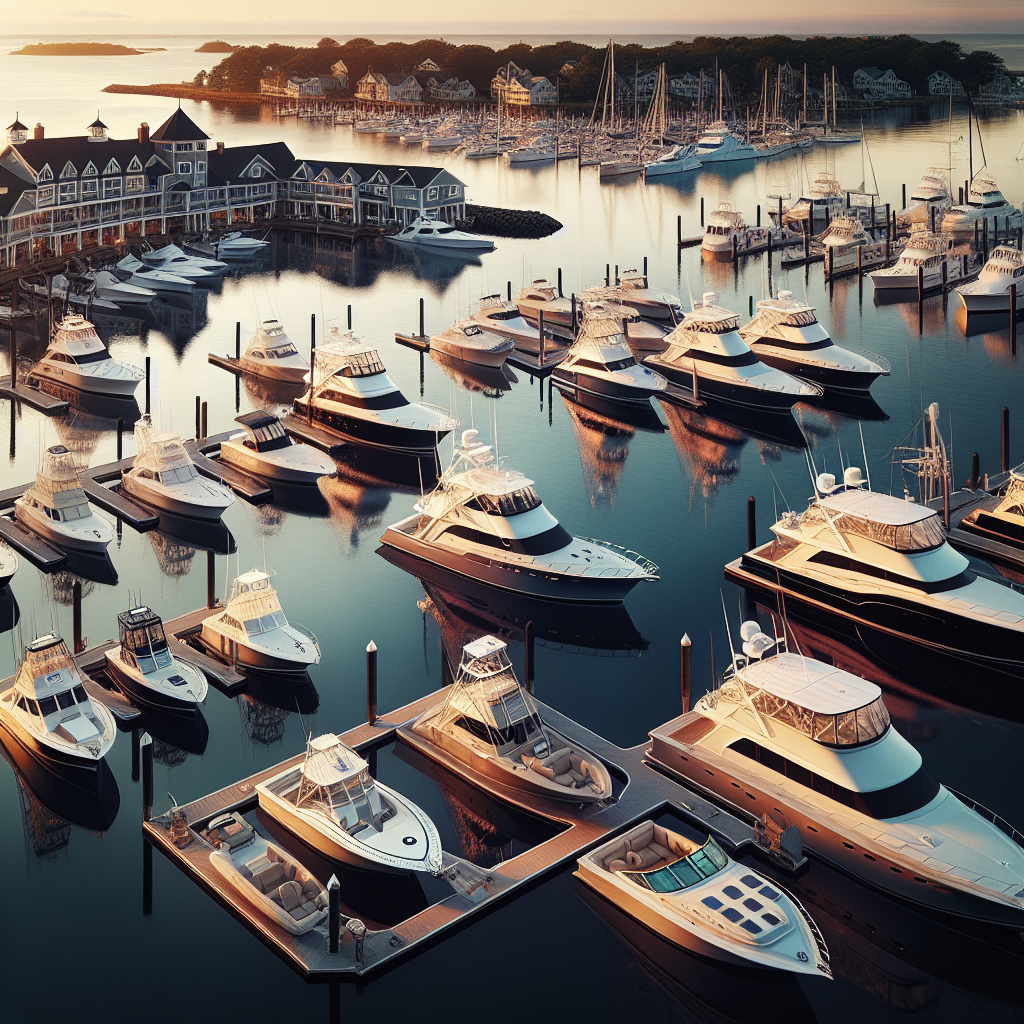 Collection of luxury boats in Connecticut marina at sunrise with variety of vessels including sailboats and fishing boats